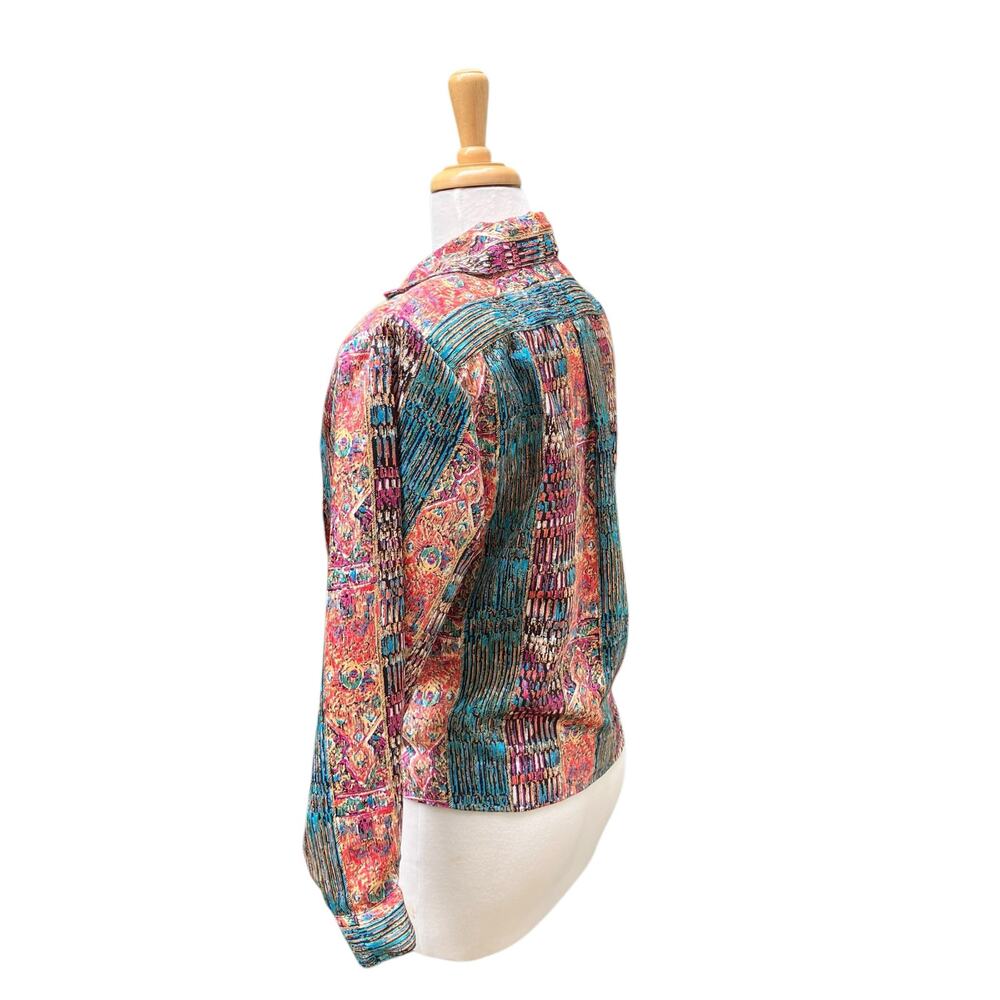 VTG Artsy Patchwork Multi-Print Blouse Sz Md Colorful Tie Front Button Down Top - Picture 6 of 13